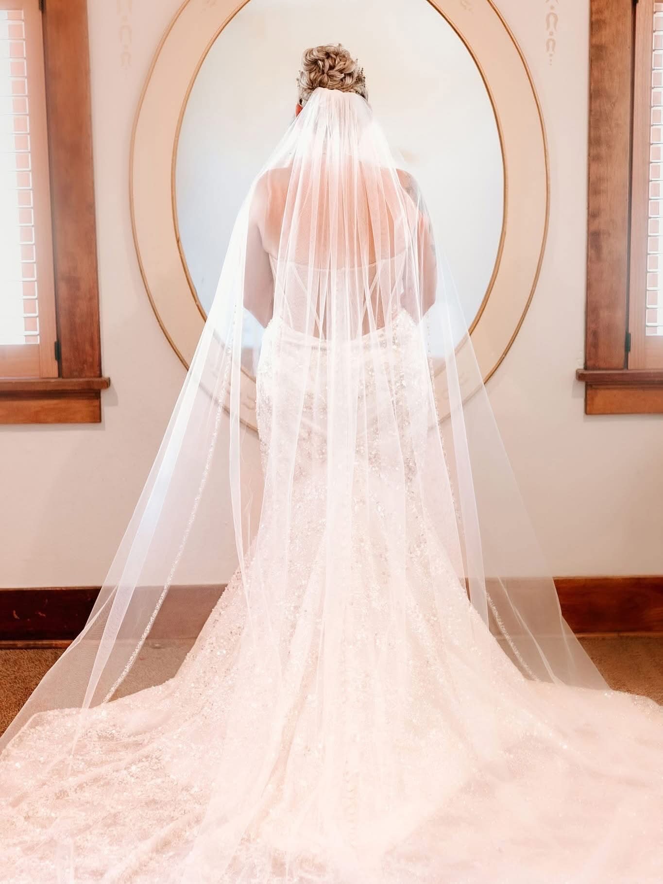 Bride from behind with a long cathedral veil