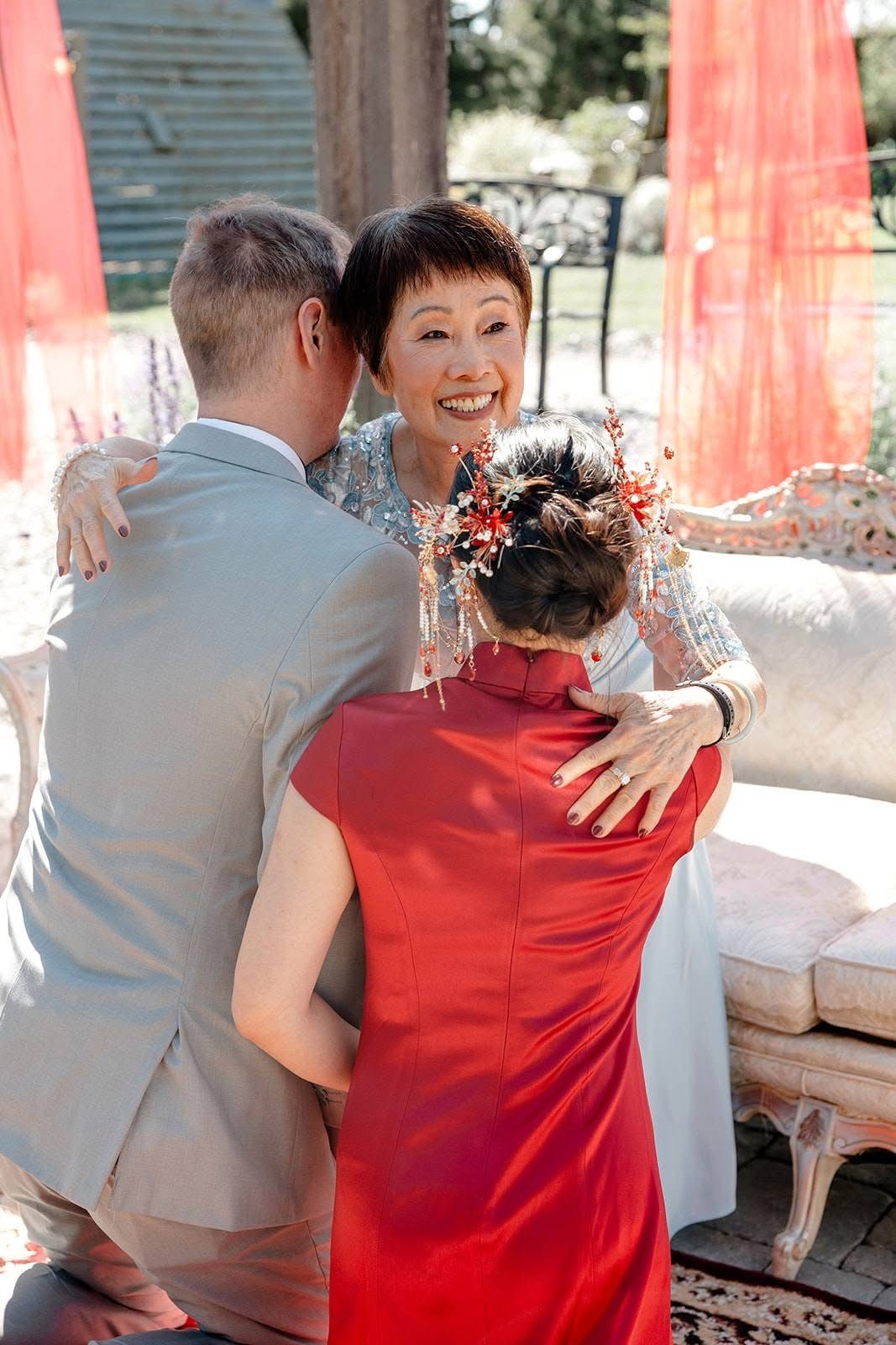 Celebration embrace with a floral hairpiece