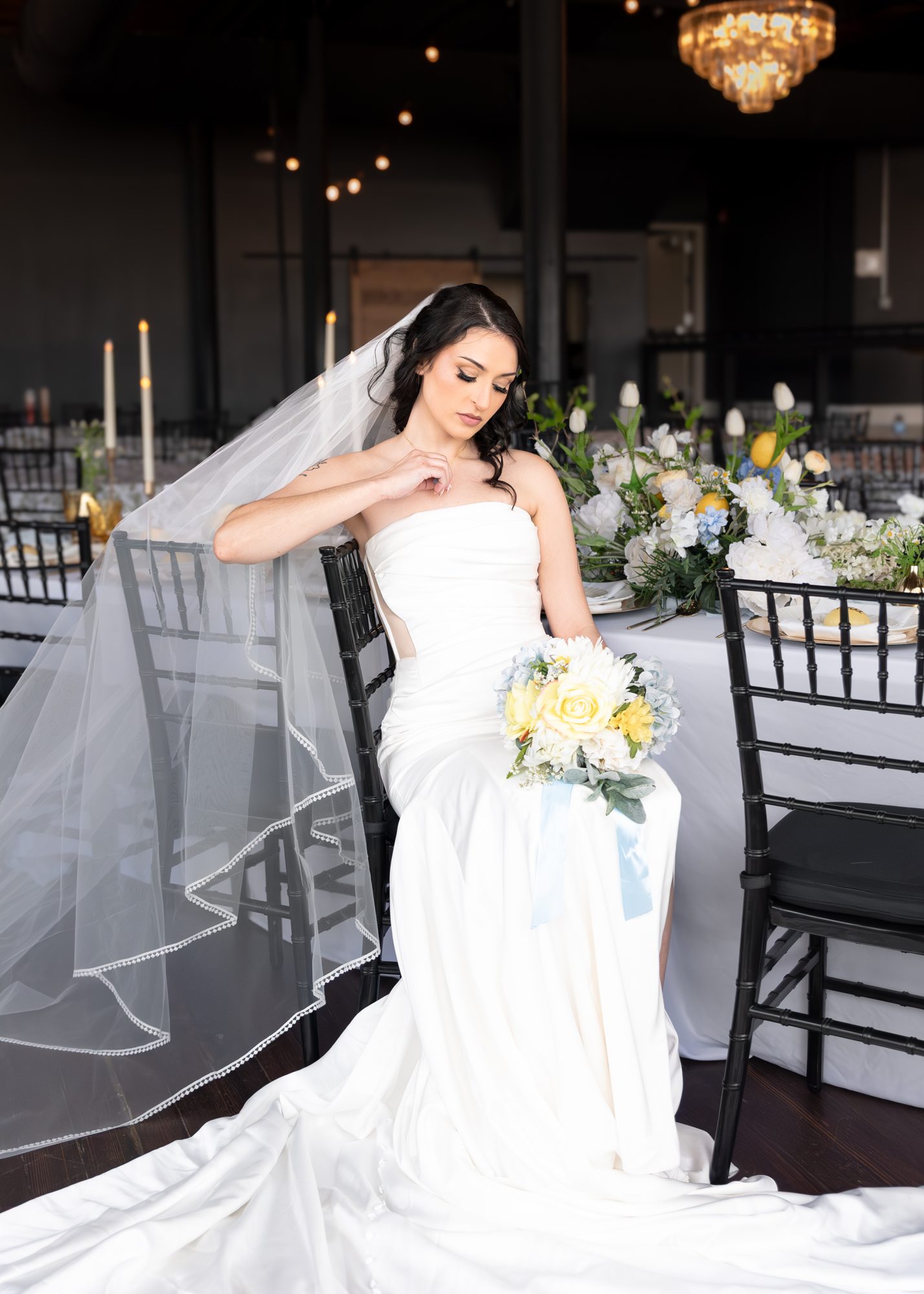 Bride with a cathedral veil at the reception